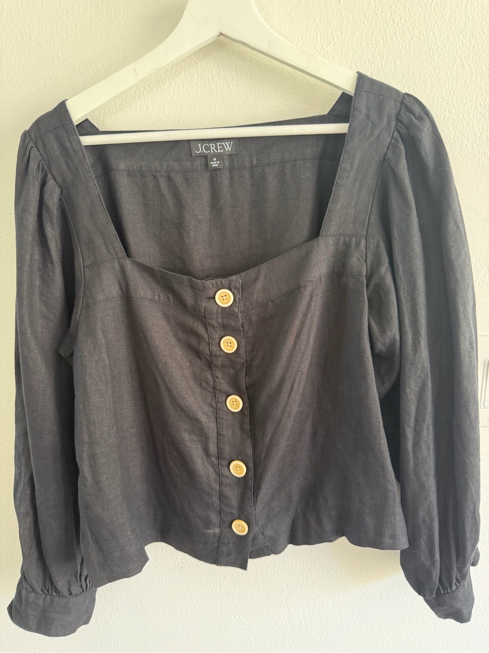J.Crew Black Square-Neck Button-Front Linen Blouse